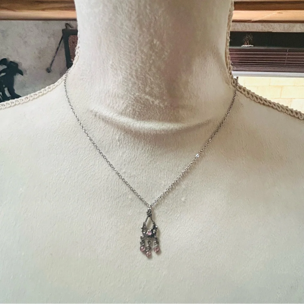 Handcrafted repurpose pink stone chandelier pendant on chain necklace
